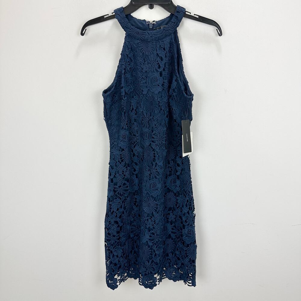 Lulus Love Poem Navy Blue Lace Mini Dress Party Cocktail Romantic Medium NWT - Picture 5 of 12